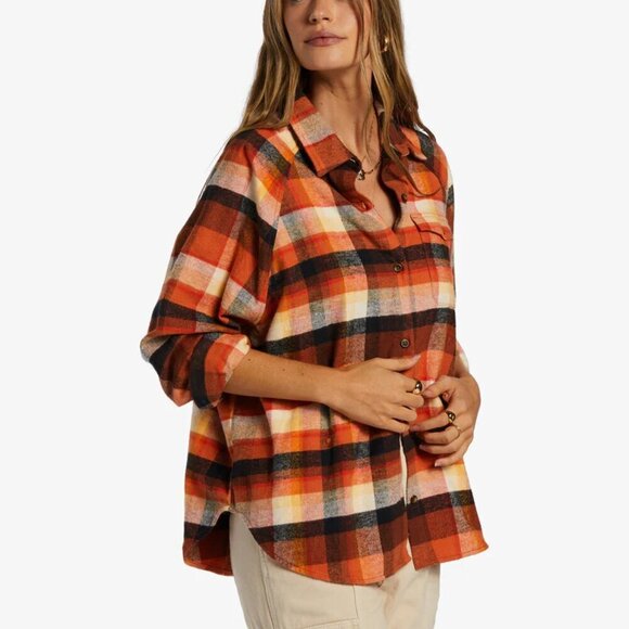 NWT Billabong Best Time Oversized Orange Plaid Button Up Shirt - Picture 1 of 5
